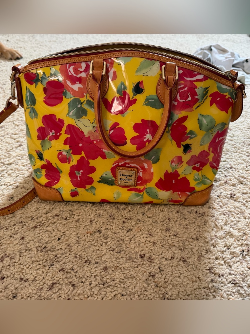 Dooney & Bourke Yellow Floral Patent Satchel with Tan Trim